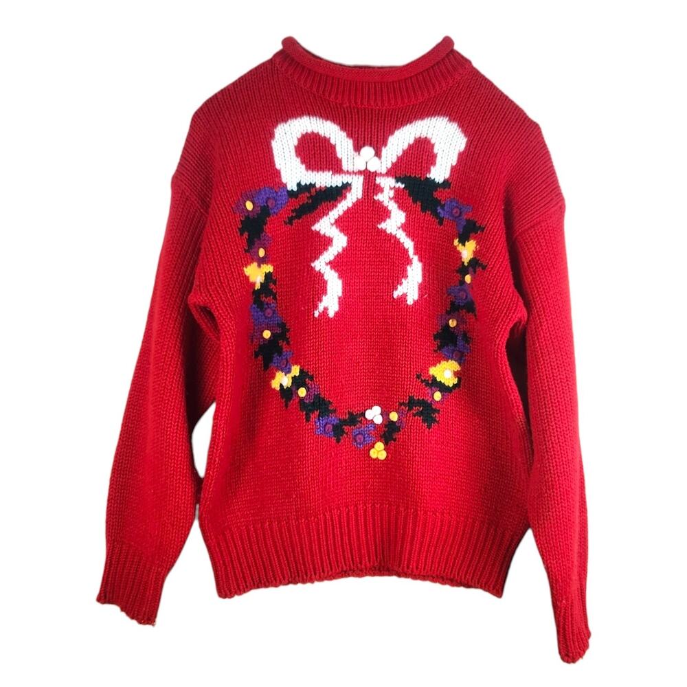 Vintage Red Roll Neck Knit Sweater Medium Bow Wreath Cute Whimsy Classic Preppy